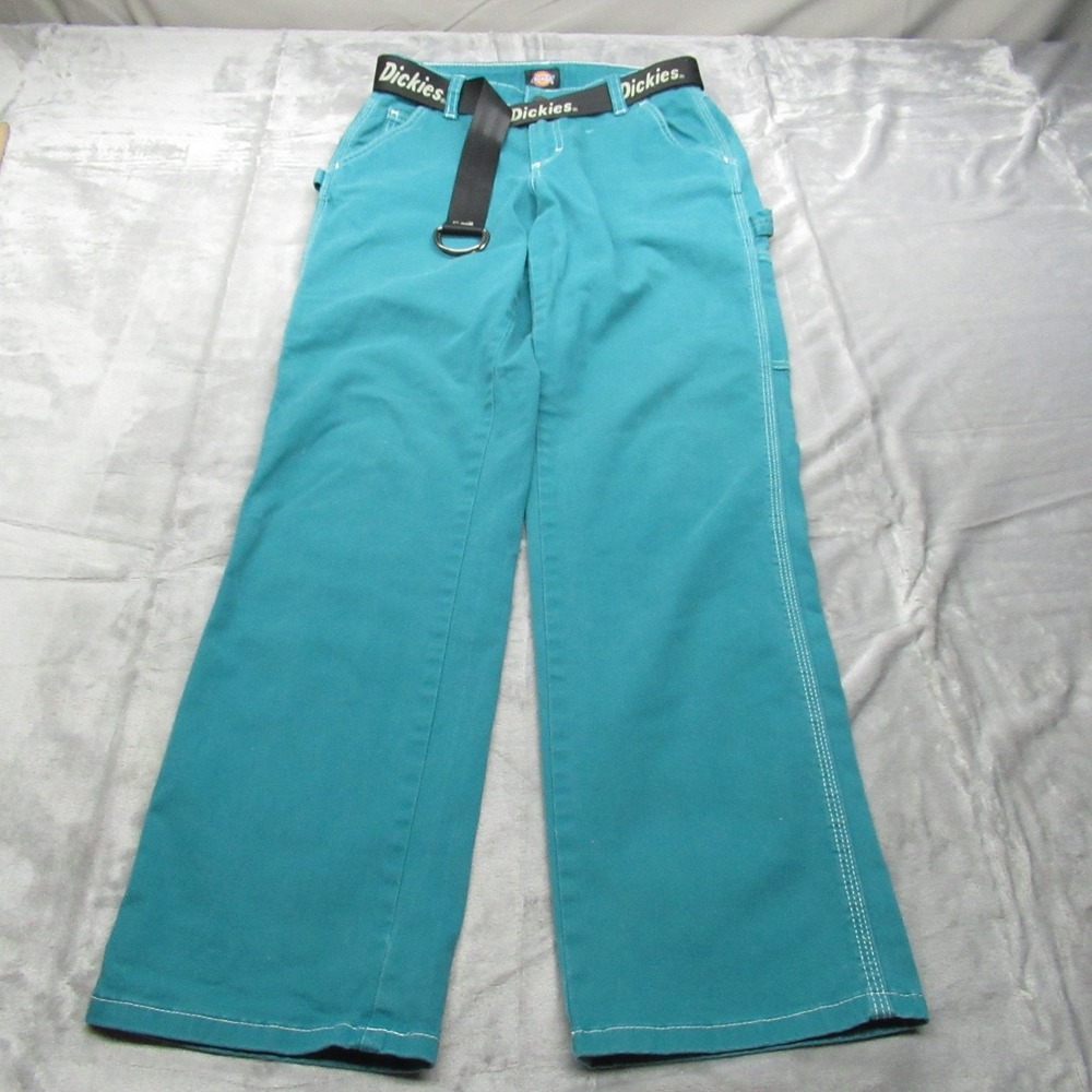 Dickies Carpenter Pants Women 25R 26x30 Teal Utility Workwear Belted Relax Boot